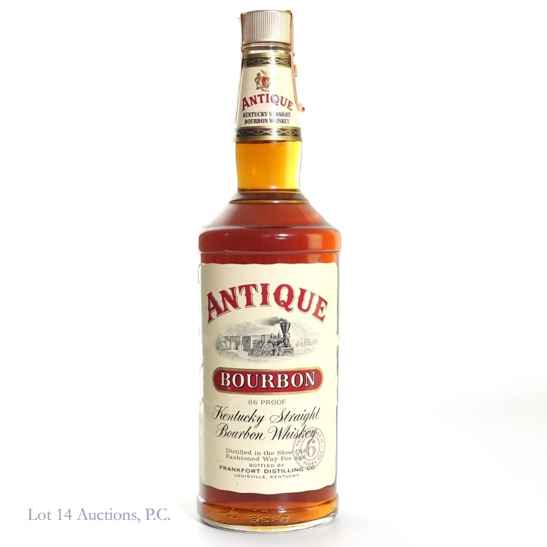 Frankfort Distilling Co. Antique 6 Yr. Bourbon: Antique 6 Year Old Kentucky Straight Bourbon Whiskey distilled by Frankfort Distilling Company. 86 Proof, 750 ml. "66" bottle glass molding. Tax strip is damaged but overall intact. See photos for det