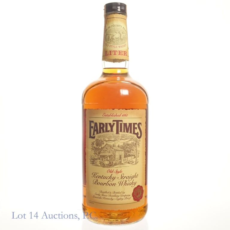 1980s Early Times 4 Year Bourbon: Early Times 4 Year Bourbon, 86 Proof, 1 liter, "83" molding on bottle, tax strip in poor condition, with a break in it.