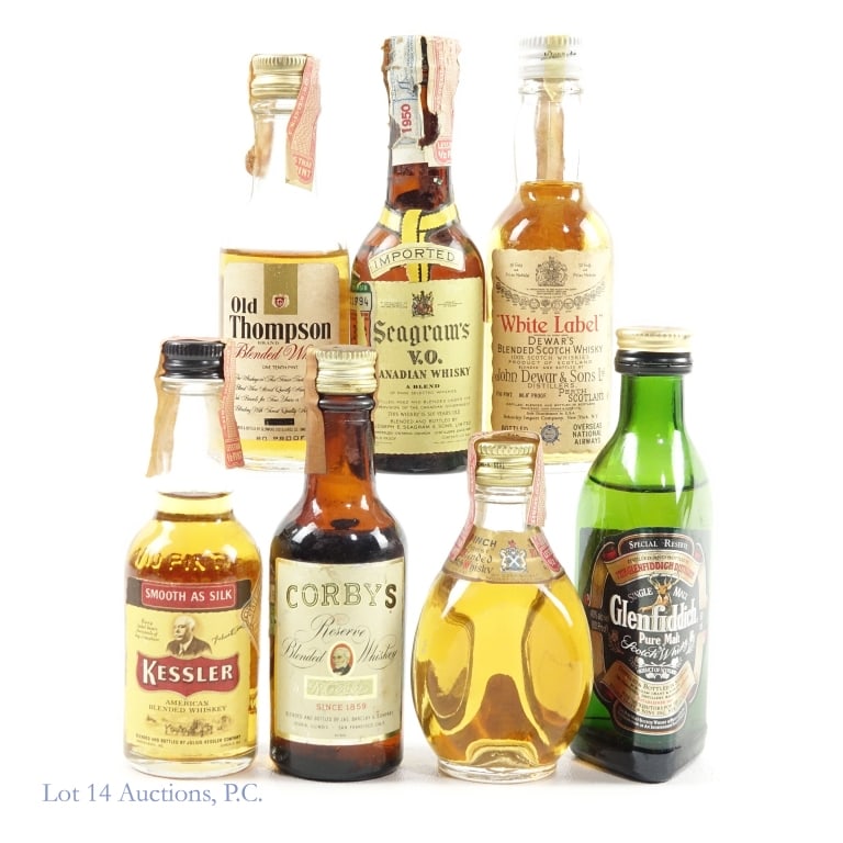 Minis - Canadian, Scotch, American Whiskies (7): Canadian Whisky: Seagram's V.O. Scotch whiskies: White Label, Glenfiddich, Pinch. American Whiskies: Corby's, Kessler, Old Thompson. See photos for bottle details.