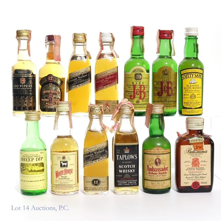 Scotch Whiskey Mini Bottles (13): Some of the Mini bottles include: Johnnie Walker Black (x2). One of them has a peeling label and one has a peeling and damaged tax strip. Johnnie Walker Red Label (damaged tax strip). Ballantine's (Pe