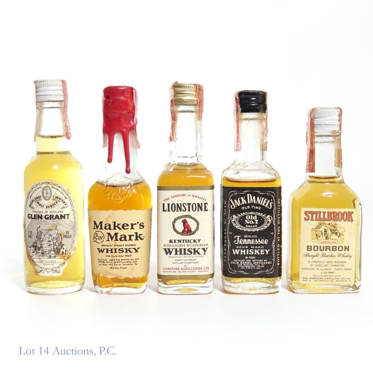 Whisky Mini Bottles (5): The mini bottles of whiskey in this lot include: 1 - Glen Grant 12 Year Scotch Whisky, 1/10 Pint, 86 Proof, 2 - Stillbrook American Bourbon, 80 Proof, 1/10 Pint. 3 - Lionstone Kentucky Bourbon, 86 Pro