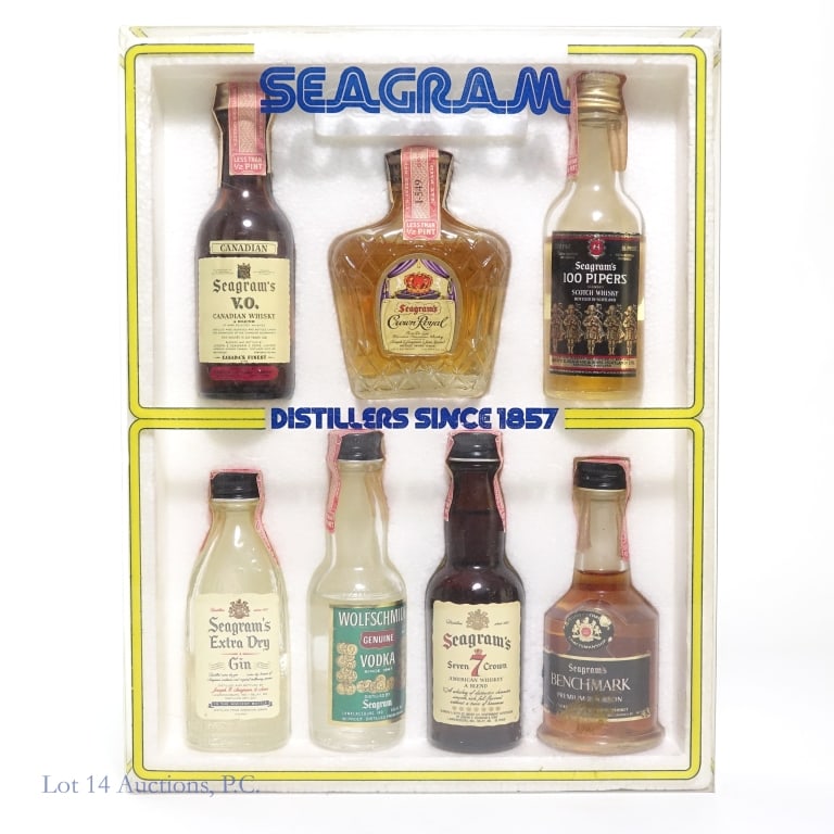 Seagram's Mini Sampler Set (7): Seagram's Mini Sampler Set distilled and bottled in the 1950s-1960s. 7 bottle set includes: 1-Seagram's Extra Dry Golden Gin Mini, 90 Proof, 1/10 Pint, series 111 tax strip. 2-Seagram's 6 Year VO Blen