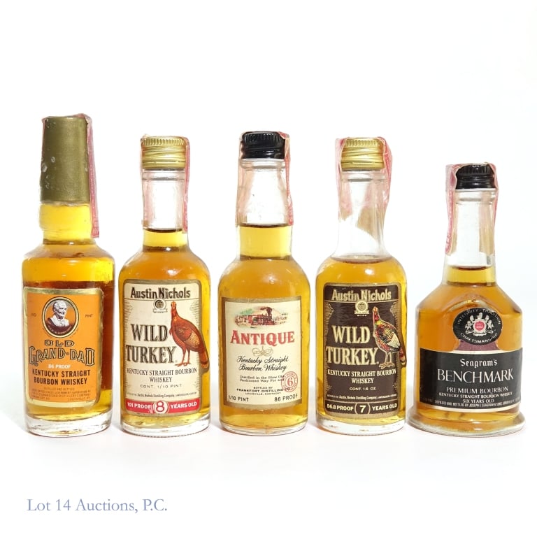 Kentucky Bourbon Mini Bottles (5): 1 - Austin Nichols Wild Turkey 7 Year Bourbon, 86.8 Proof, 1.6 oz (1/10 Pint). 2 - Austin Nichols Wild Turkey 8 Year, 1/10 Pint, 101 Proof. 3 - Antique 6 Year, 1/10 Pint, 86 Proof. 4 - Old Grand-Dad 8