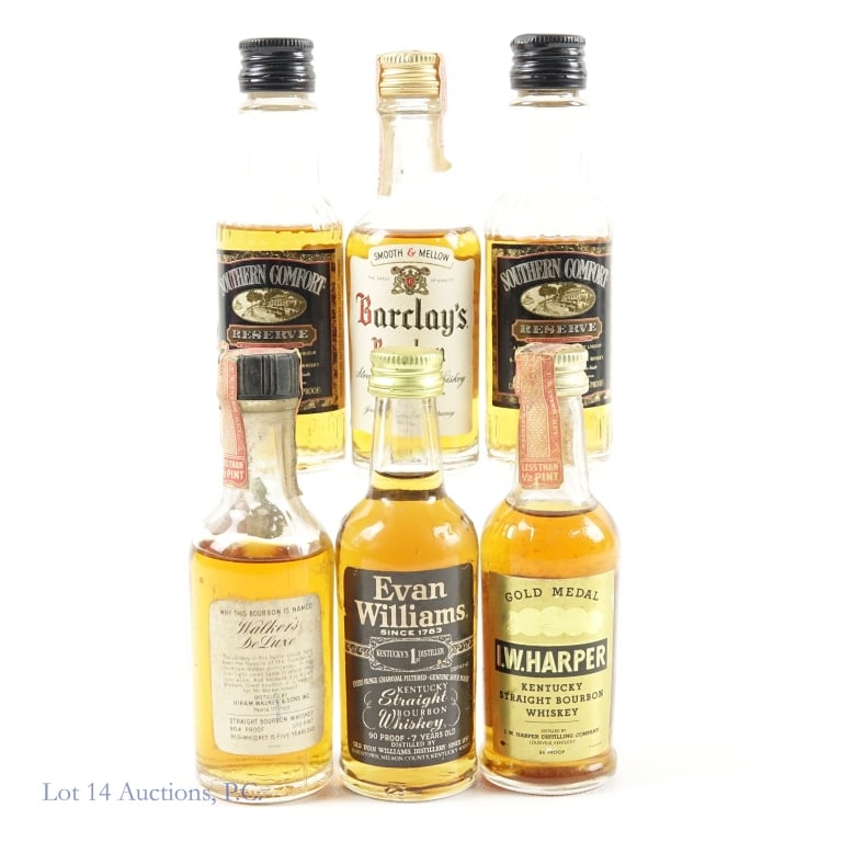 Bourbon Mini Bottles (6): 3 bottles have a tax strip and 3 do not. the 3 with a tax strip include Barclay's 86 proof 4 year, I.W. Harper 86 proof 5 year, and a Walker's Deluxe 90.4 proof 5 year. The 3 without include an Evan W