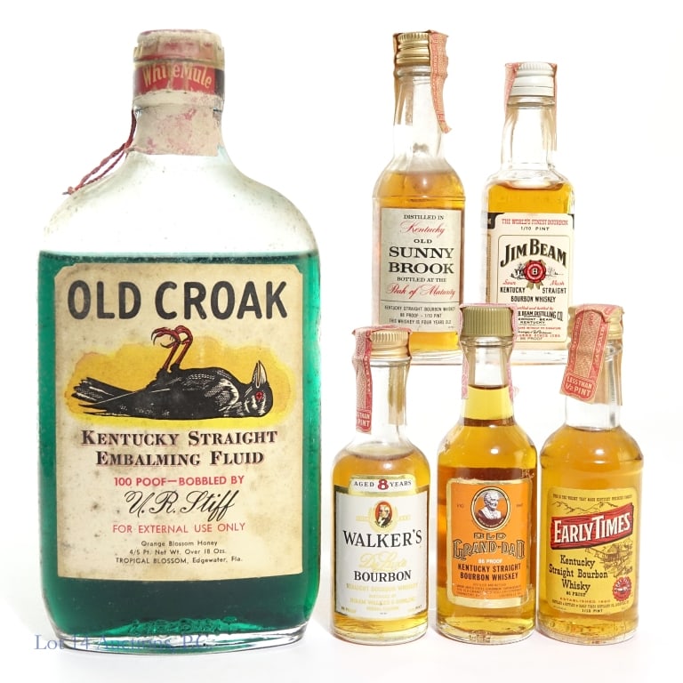 Bourbon Mini Bottles (5+1): The Bottles in this lot include: 1 - Walker's DeLuxe Bourbon, 86 Proof, 1/10 Pint. Early Times Bourbon, 86 Proof, 1/10 Pint. 3 - Jim Beam Bourbon, 86 Proof, 1/10 Pint. 4 - Old Grand-Dad 86 proof, 1/10