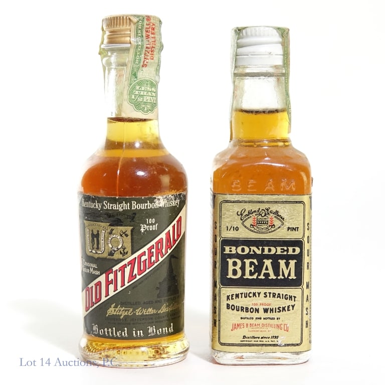 BIB Bourbon Mini Bottles (2): Mini Bottled in Bond bottles include: 1 - Old Fitzgerald Bottled in Bond, 6 Year. Made: Fall 1966, Bottled: Spring 1973. 100 Proof, 1/10 Pint. 2 - Bonded Beam Bourbon, Bottled in Bond. Made: Spring 19