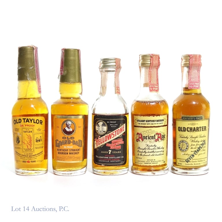 American Bourbon Whiskey Mini Bottles (5): The mini bottles in this lot include: 1 - Old Grand-Dad 1/10 Pint, 86 proof. 2 - Yellowstone 7 Year, 90 Proof mini bottle **Low shoulder fill**. 3 - Old Taylor 86 proof, 1/10 pint. 4 - Old Charter 7 Y