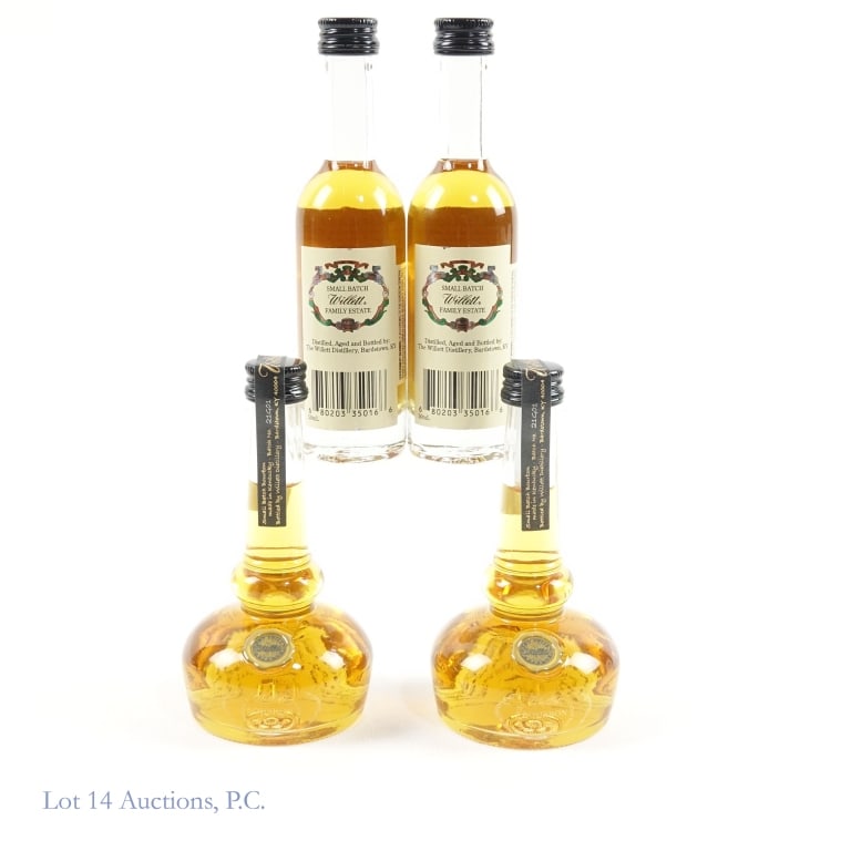 Willett Mini Whiskey Bottles (4): 2 Willet 50ml 94 proof small batch straight Kentucky Bourbon bottles, 2 108 proof, 50ml small batch straight rye whiskey rare release bottles. See photos for details.