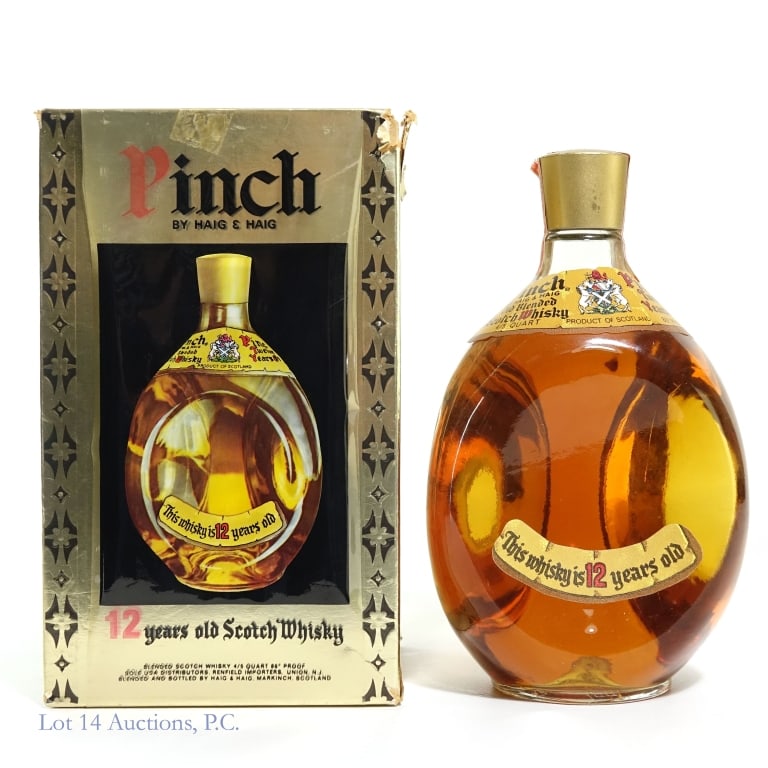 60s / 70s Haig & Haig Pinch 12 Year Blended Scotch: Haig & Haig Pinch 12 Year Blended Scotch, 86 Proof, 4/5 Quart, early 1960s - late 1970s tax strip. Tax strip is broken at the top of the capsule. Box is missing a flap and is badly damaged. Wire netti
