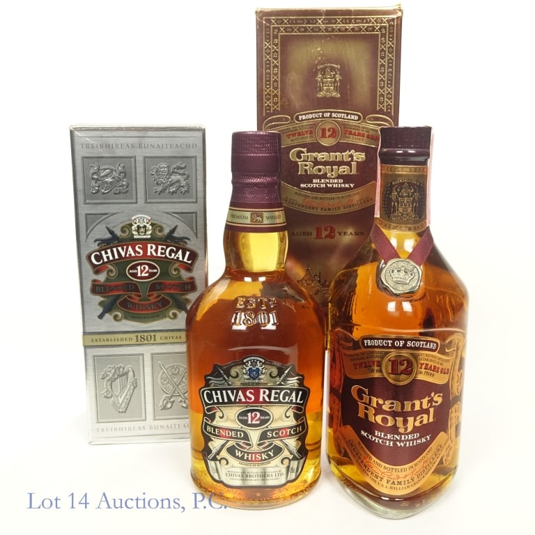 Chivas Regal, Grant's Royal Scotch Whiskies (2): 1- One bottle of Chivas Regal 12 Year Blended Scotch, 86 Proof, 750 ml. Box included, and is a little worn. 2 - One bottle of Grant's Royal 12 Year Blended Scotch, 86 Proof, 750 ml, late 1970's - earl