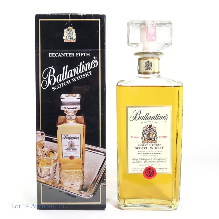 Ballantine's Blended Scotch (4/5 QT): Ballantine's Finest Blended Scotch, 86 Proof, 4/5 Quart, 1960s-1970s bottling, tax strip is intact and in good condition. Box is included but somewhat damaged.