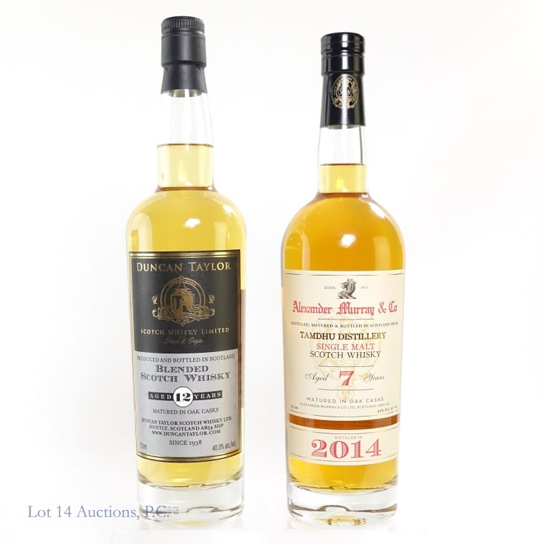 Duncan Taylor 12 Year, Alexander Murray Scotch (2): One bottle of Duncan Taylor 12 year old scotch whisky, 40%abv, 750ml. One bottle of 2014 7 Year old Alexander Murray Tandhu Distillery Single Malt Scotch Whisky, 40%abv. 750ml.