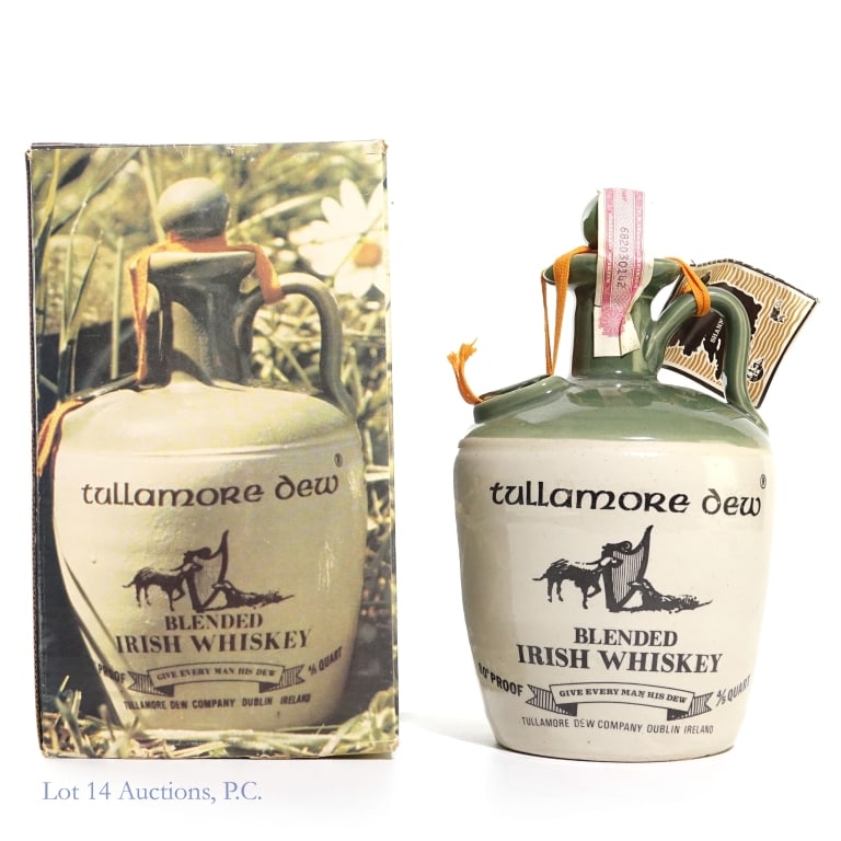Tullamore Dew Irish Whiskey in Crock: Tullamore Dew Irish Whiskey in Crock, 80 Proof, 4/5 Quart. Sea broken in multiple places but still intact.