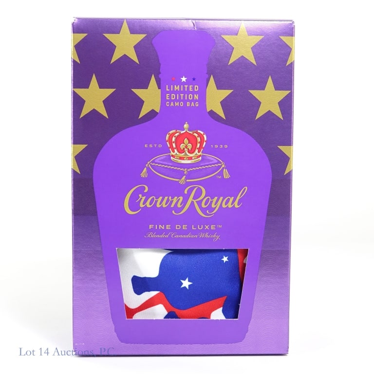 Crown Royal Camo Bag Canadian Whisky: Crown Fine De Luxe Blended Canadian Whisky, 80 Proof, 750 ml, Sealed in box with limited edition camo bag, box slightly damaged in corners.