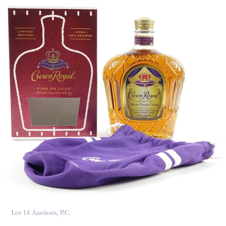 Crown Royal KC NFL Fine De Luxe Can Whisky (2024): Crown Royal Fine De Luxe Blended Canadian Whisky (2024), 80 Proof, 750 ml, 2024 Kansas City NFL commemorative bottle, Original box and bag included.
