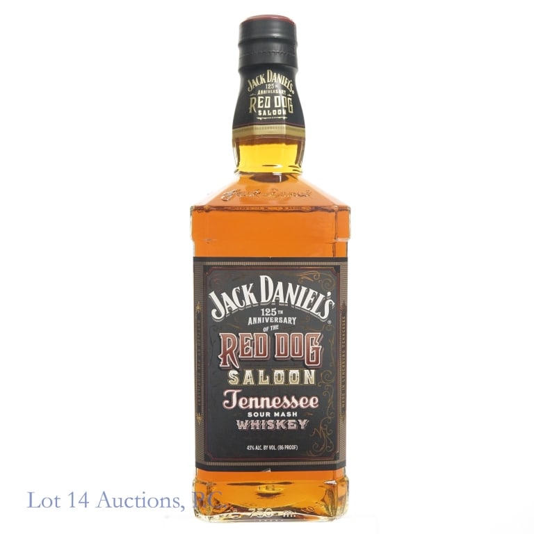 Jack Daniel's Red Dog Saloon Tennessee Whiskey: Jack Daniel's Red Dog Saloon Tennessee Whiskey, 86 Proof, 750 ml, 125th Anniversary bottle, Bottle RD035239. Very small tears to label at bottom on 3 sides.