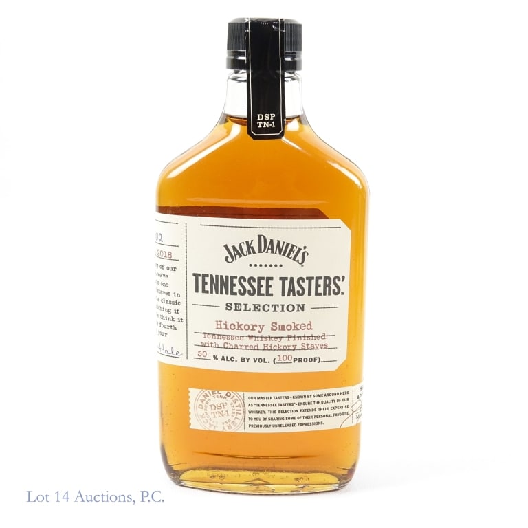 Jack Daniel's TN Tasters Hickory Smoked Whiskey: Jack Daniel's Tennessee Tasters' Hickory Smoked Tennessee Whiskey, 100 Proof, 375 ml, Selection #2, Released: Fall 2018. Little damage tp the top seal but it is still intact.
