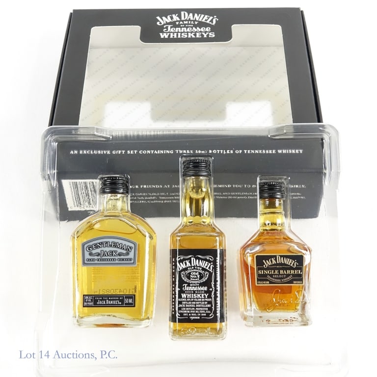 Jack Daniel's 2009 Family of Fine Whiskeys Set (3): Gift set includes 3 individual bottles of Jack Daniel's Whiskey 1-Gentleman Jack Rare Tennessee Whiskey, 80 Proof, 50 ml. 2-Jack Daniel's Tennessee Whiskey, 80 Proof, 50 ml. 3-Jack Daniel's Single Bar