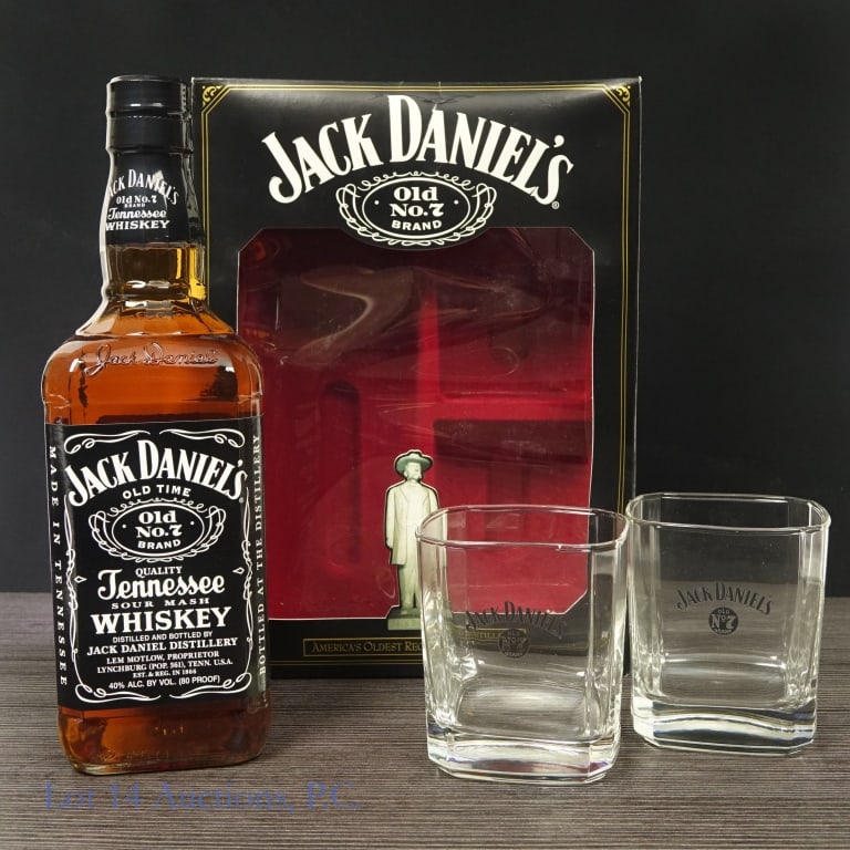Jack Daniel's Tenn. Whiskey Gift Set: Jack Daniel's Tennessee Whiskey, 80 Proof, 750 ml. Gift set includes 2 Jack Daniel's drinking glasses. Box included to house full set.