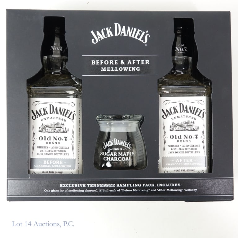 Jack Daniel's Before / After Mellowing Whiskey Set: 2 bottles total in this lot. 1-Jack Daniels Before Charcoal Mellowing Tennessee Whiskey, 80 Proof, 375 ml. 2-Jack Daniel's After Mellowing Tennessee Whiskey, 80 Proof, 375 ml. Sampling Pack includes 1