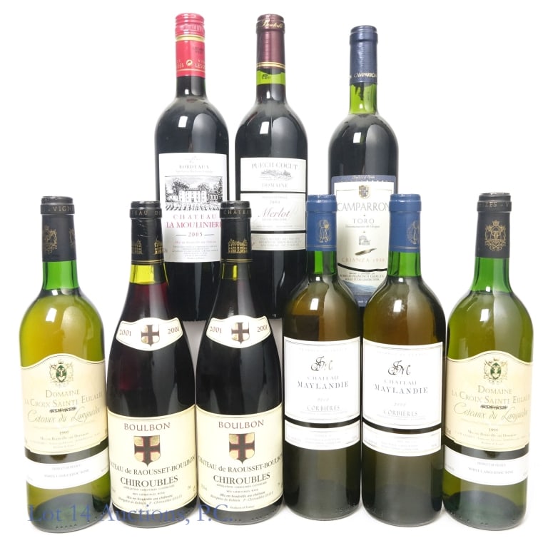 French, Spain Assorted Red and White Wine (9): Nine (9) bottles in this lot. 2 - 1999 Domaine La Croix Sainte Eulalie Coteaux du Languedoc White Wine. 750 ml. 12.5% ABV. Bottle caps have some damage. 2 - 2000 Anne-Marie & Jean Maymil Chateau Mayla