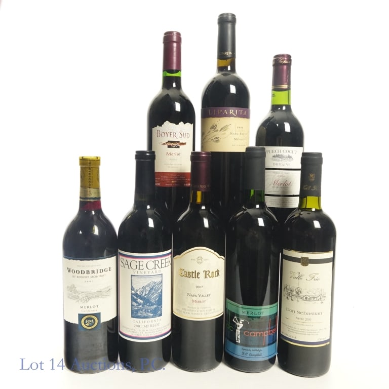 Merlot Assorted Wines (8): Eight (8) bottles in this lot. 1-2001 DC Campbell Merlot. Cellars of Niel Joubert. 750 ml. 14.5% ABV. 1-2000 Valle Frio Don Sebastian Merlot. Valle Frio Winery. 750 ml. 12% ABV. 1-2004 Puech Cocut Dom