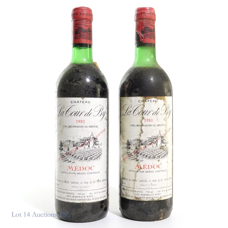 1981 La Cour De By Medoc Wine (2): Two (2) bottles of La Cour De By Medoc Red Bordeaux wine. 12% Abv, 75cl. Product of France. See photos for label / capsule damage, condition and details.
