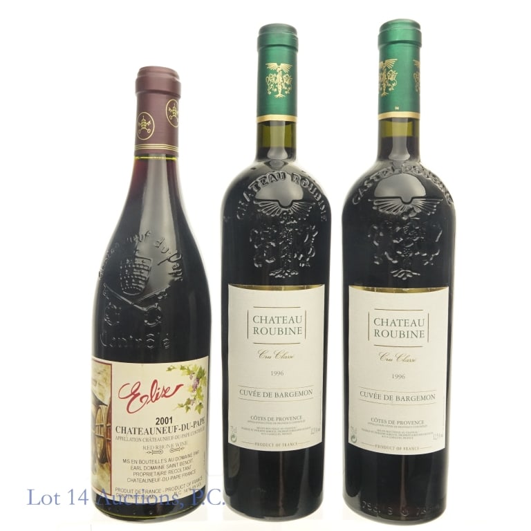 Elise Chateauneuf-Du-Pape, Chateau Roubine (3): Three (3) bottles in this lot. 1 - 2001 Elise Chateauneuf-Du-Pape Red Rhone Wine. 750 ml. 14% ABV. 2 - 1996 Chateau Roubine Cru Classe Cuvee de Bargemon Red Wine. 75 cl. 12.5% ABV. One bottle has smal