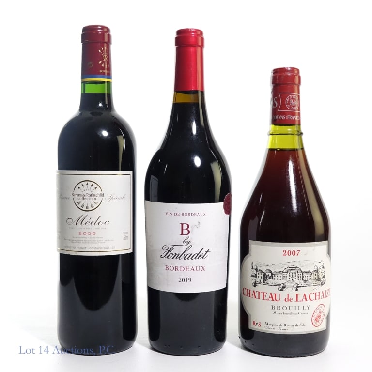 French Wines - Medoc - Brouilly - Bordeaux (3): Three (3) French Wines - 2006 Lafite Barons de Rothschild Collection Reserve Speciale Medoc, 12.5%abv, 750ml. 2007 Chateau de La Chaize Brouilly, SEDIMENT VISIBLE, 12.5%abv, 75cl (750ml). 2019 B by Fo
