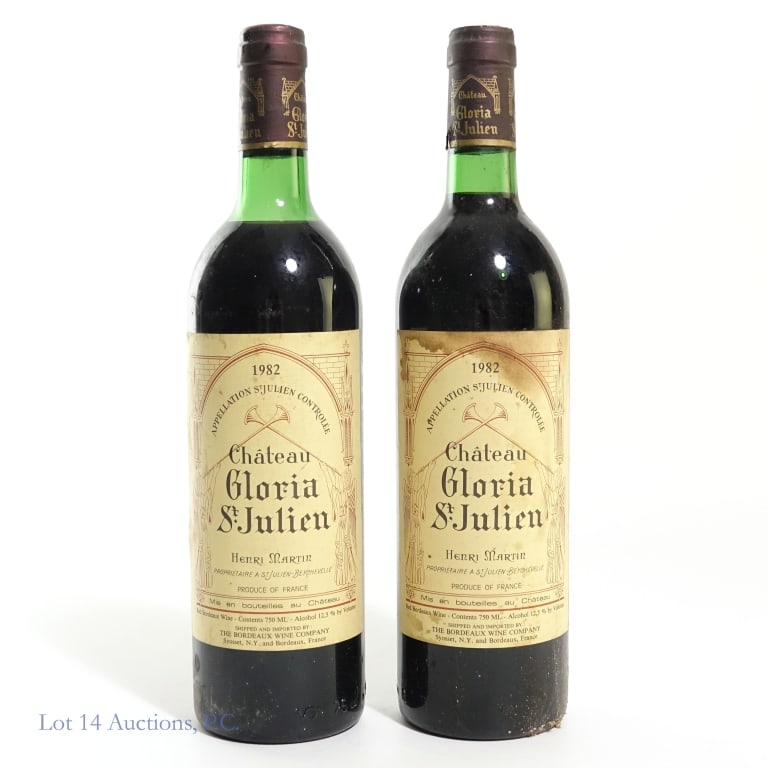 1982 Chateau Gloria St. Julien Wine (2): Two (2) bottles of 1982 Chateau Gloria St. Julien Henri Martin Red Bordeaux wine. 12.5% Abv, 750 ml. Some label damage. See photos for label / capsule damage, condition and details. Product of France.