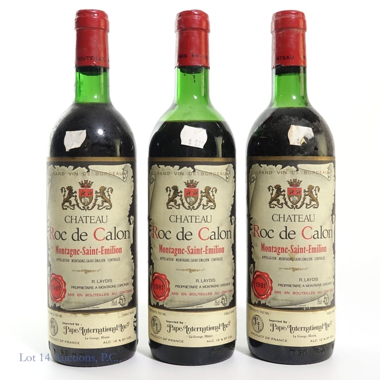 1981 Chateau Roc De Calon French Wine: Three (3) bottles of 1981 Chateau Roc de Calon Montagne - Saint - Emilion French table wine. 75 cl / 750 ml, 12% Abv. See photos for label / capsule damage, condition and details.