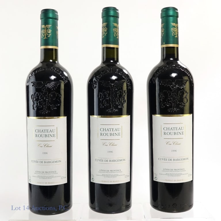 Chateau Roubine Red Wine (3): Three (3) bottles total in this lot. 1996 Chateau Roubine -Cru Classe- Cuvee De Bargemon Red Wine. Cotes De Provence. 75 cl. 12.5% ABV. All bottles have minor shelf ware on the front labels. Two of th