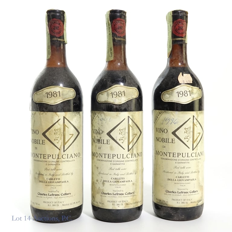 3 Carletti Della Giovampaola Montepulciano: Three bottles of 1981 Vino Nobile di Montepulciano, bottled by Carletti della Giovampaola. Red table wines. Product of Italy, 12.5% ABV. See photos for any label / capsule damage, condition notes, and
