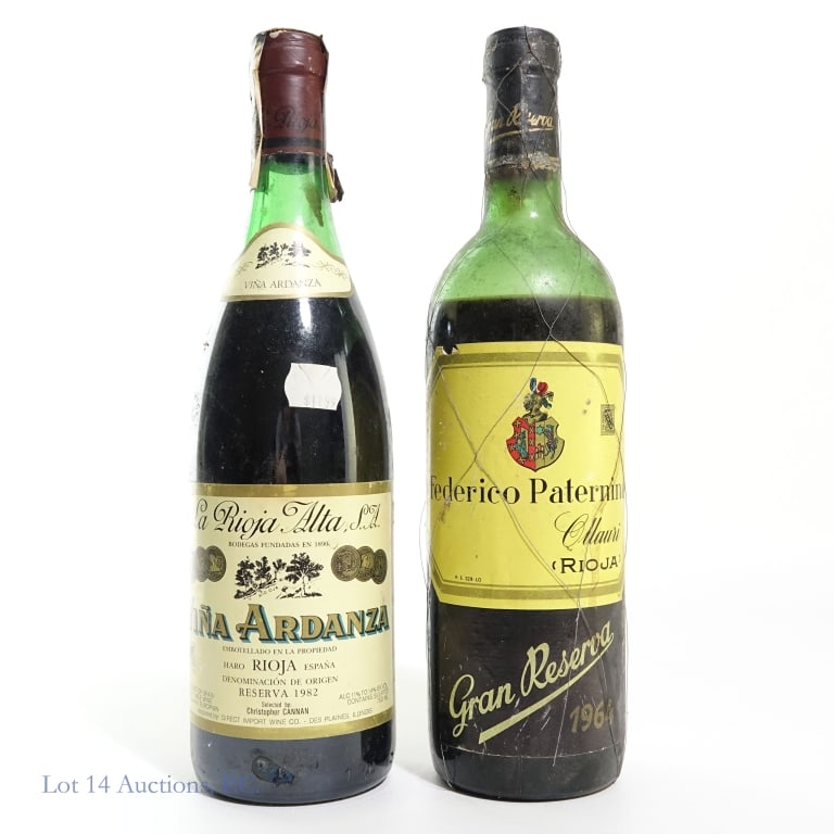 Rioja Spanish Wine, Paternina, Ardanza: One (1) bottle of 1982 La Rioja Alta S.A. by Vina Ardanza, 11% - 14% Abv, 750 ml. One (1) bottle of 1964 Federico Paternina Gran Reserva, 750 ml. **LOW FILL** See photos for label / capsule damage, co