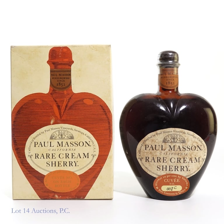 Rare Cream Sherry - Paul Masson California: One bottle (0.8q) Rare Cream Sherry from Paul Masson Vineyards in Saratoga, California. Cuvee no. 001c. 20% ABV.