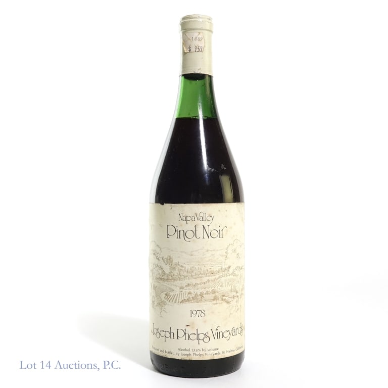 1978 Napa Valley Pinot Noir: One (1) bottle of Napa Valley Pinot Noir from Joseph Phelps Vineyard. 13.6% Abv, 25.4 Fluid Ounces. Made in California. See photos for label / capsule damage, condition and details.