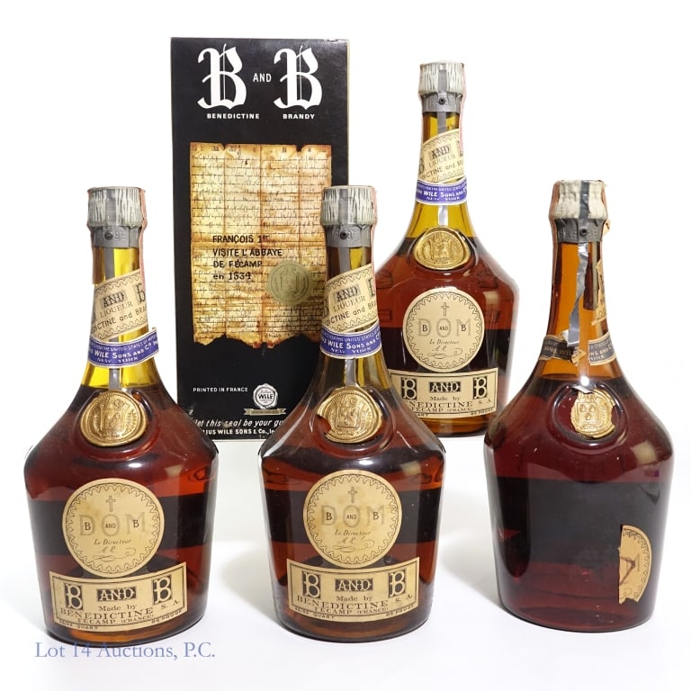 B&B DOM Le Directeur Brandy Liqueur (3+1): 4 bottles total in this lot. B&B DOM Le Directeur Brandy Liqueur, 86 Proof, 23/32 Quart (x3). One bottle has front label almost completely missing and tax strip is damaged. The others are stained with