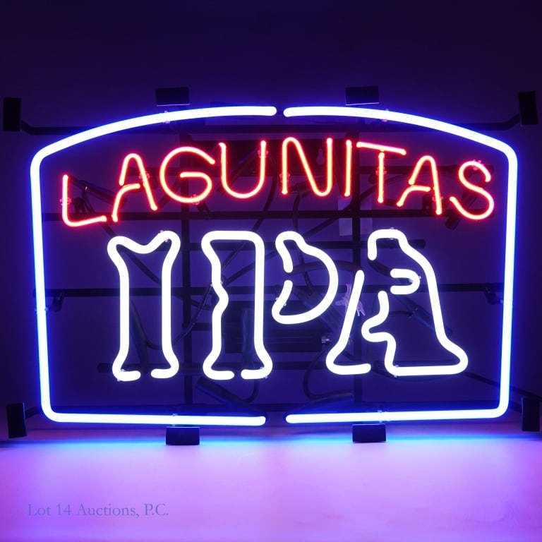Lagunitas IPA Lighted Advertising Sign (NIB) ***: *** LOCAL PICK UP ONLY. Lot 14 Auctions will NOT ship this lot from our shop. *** Lagunitas IPA metal and plastic lighted advertising sign. Works (vivid orange, white, and blue color). Power cord and