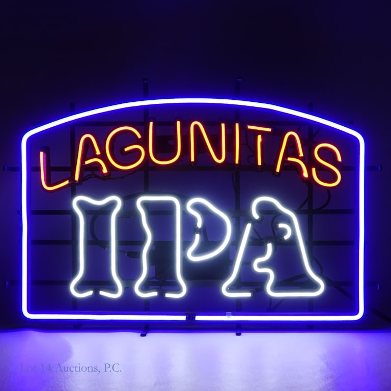 Lagunitas IPA Lighted Advertising Beer Bar Sign***: *** LOCAL PICK UP ONLY. Lot 14 Auctions will NOT ship this lot from our shop. *** Lagunitas IPA metal and plastic lighted advertising sign. Works (vivid red, white, and blue color). Produced by Neon T