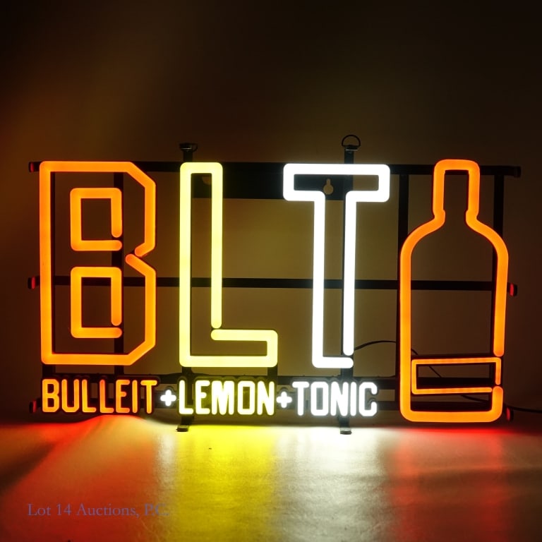 Bulleit Bourbon Lemon Tonic Lighted Adv Sign ***: *** LOCAL PICK UP ONLY. Lot 14 Auctions will NOT ship this lot from our shop. *** Bulleit (Bourbon) + Lemon + Tonic metal and plastic lighted advertising sign. Works. Includes power cord with toggle s