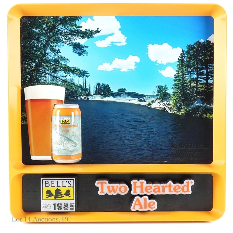 Bell's Beer Moving Water Light-Up Sign ***: *** LOCAL PICK UP ONLY. Lot 14 Auctions will NOT ship this lot from our shop. *** Electronic sign for Bell's Two Hearted IPA. Works! Bubbled in beer glass appears to float upward. Water in lake / rive
