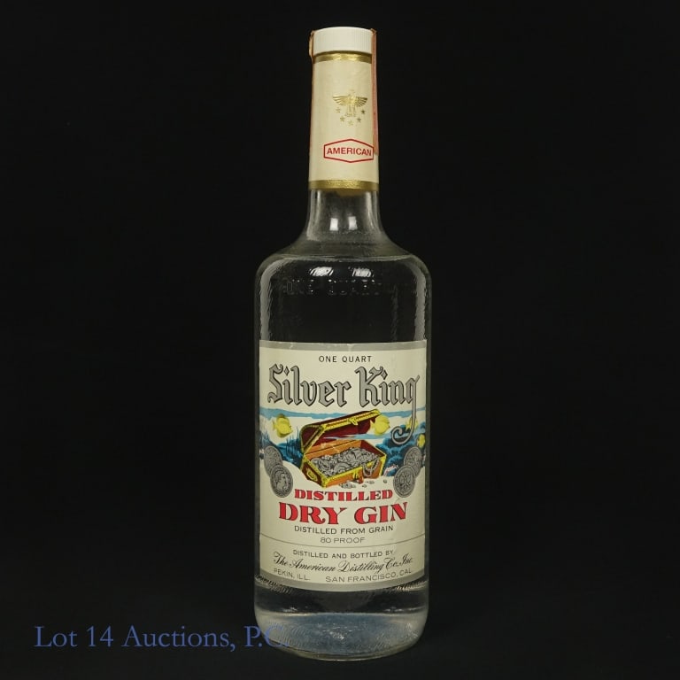 Silver King Dry Gin (One Qt.): Silver King Grain Distilled Dry Gin, 80 proof, 1 (one) quart, tax strip is damaged and wrinkled but overall not completely broken the full way through.