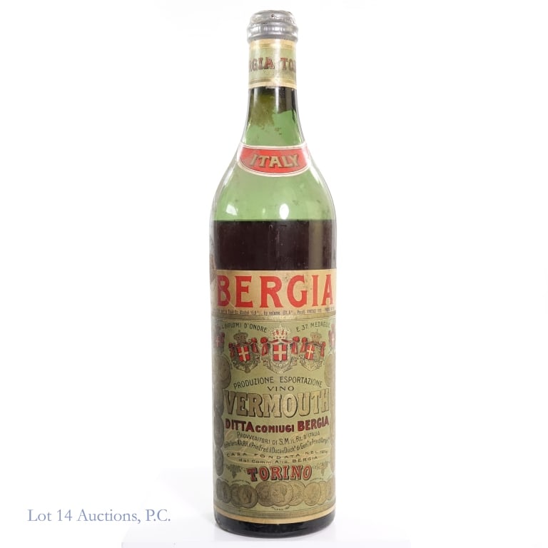 1930 Bergia Torino Vermouth: 1930 Bergia Torino Vermouth, 15.8% ABV, 1 Pint, 14 Ounces, Vintage: 1930.***Low fill, approximately 1.5" below shoulder.