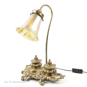 Brass Inkwell Desk Lamp with Tiffany-style glass