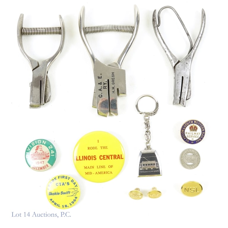 Railway Ticket Punches, Souvenir Buttons (12): Railway Ticket Punches, Souvenir Buttons (12). Collection of railway ephemera including ticket punchers and buttons. Included is a C.A.&E. RY. (Chicago, Aurora and Elgin Railroad) puncher, A.K.A. 'The