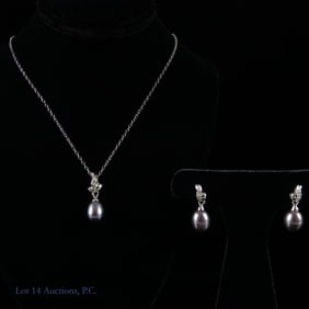 IPS 14k W Gold Pearl Necklace Earrings