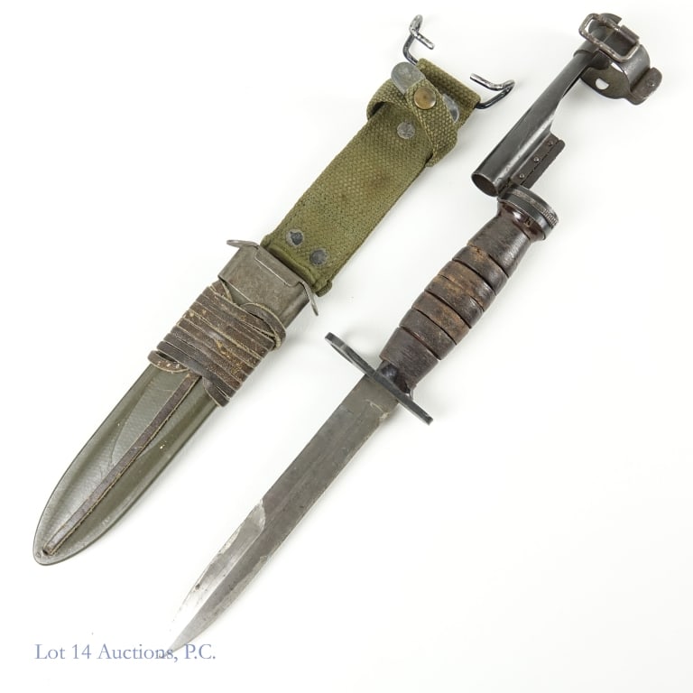 M4 Bayonet w/ Bayonet Lug & M8 Scabbard: M4 bayonet (Corrected 7/17). Marked "USM" and "Imperial" on the quillon. Blade is approximately 6.5" long. Overall knife length approximately 11.5" long. There is noticeable spacing between the leathe