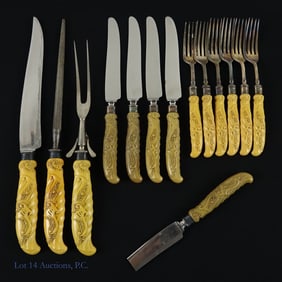 Celluloid + Sterling Carving Set & Flatware (14)