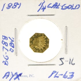 1881 USA Octagonal Indian Head 25 Cent Gold Token