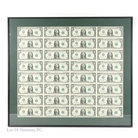 2003-A USA $1 FRN Uncut Sheet 32 Notes Framed (*CU)